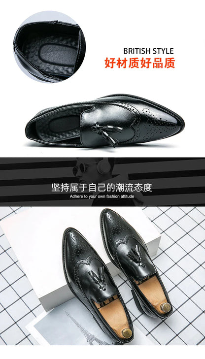 Pointed Toe Brogues Shoes Men Classic Casual Business Leather Shoes For Men Formal Social Party Leather Tassel Loafers Male