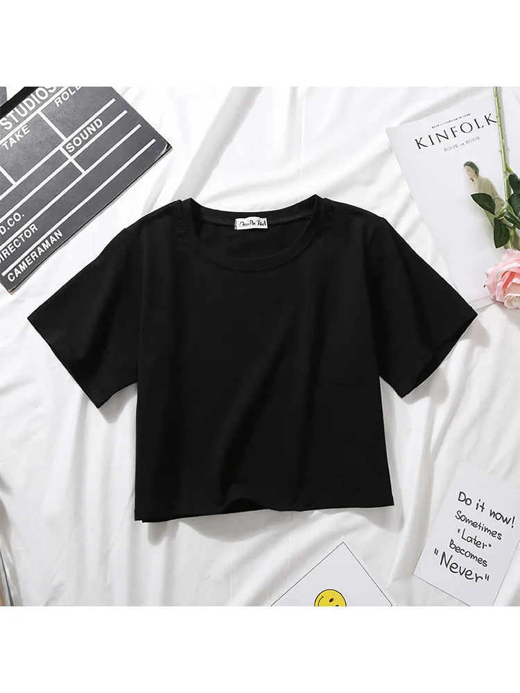 Summer Short Sleeve T Shirts Women  Solid T-shirt O Neck High Waist Crop Top Tee Female Casual Loose T Shirt