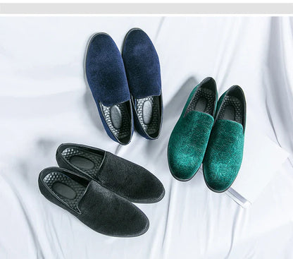 New British style men's hair stylist pattern suede lazy man slip-on bean loafers 46 plus-size pointed leather shoes