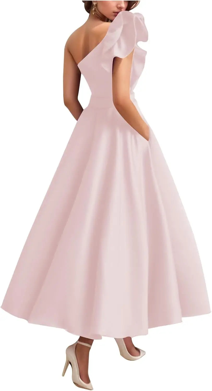 Women's One Shoulder Elegant Evening Dress with Pockets Satin Tea Length A Line Formal Wedding Guest Dress Prom Dresses