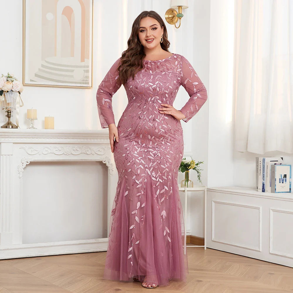 2024 Plus Size Evening Dresses Mermaid O Neck Full Sleeve Lace Appliques  vestidos elegantes  party dress  long