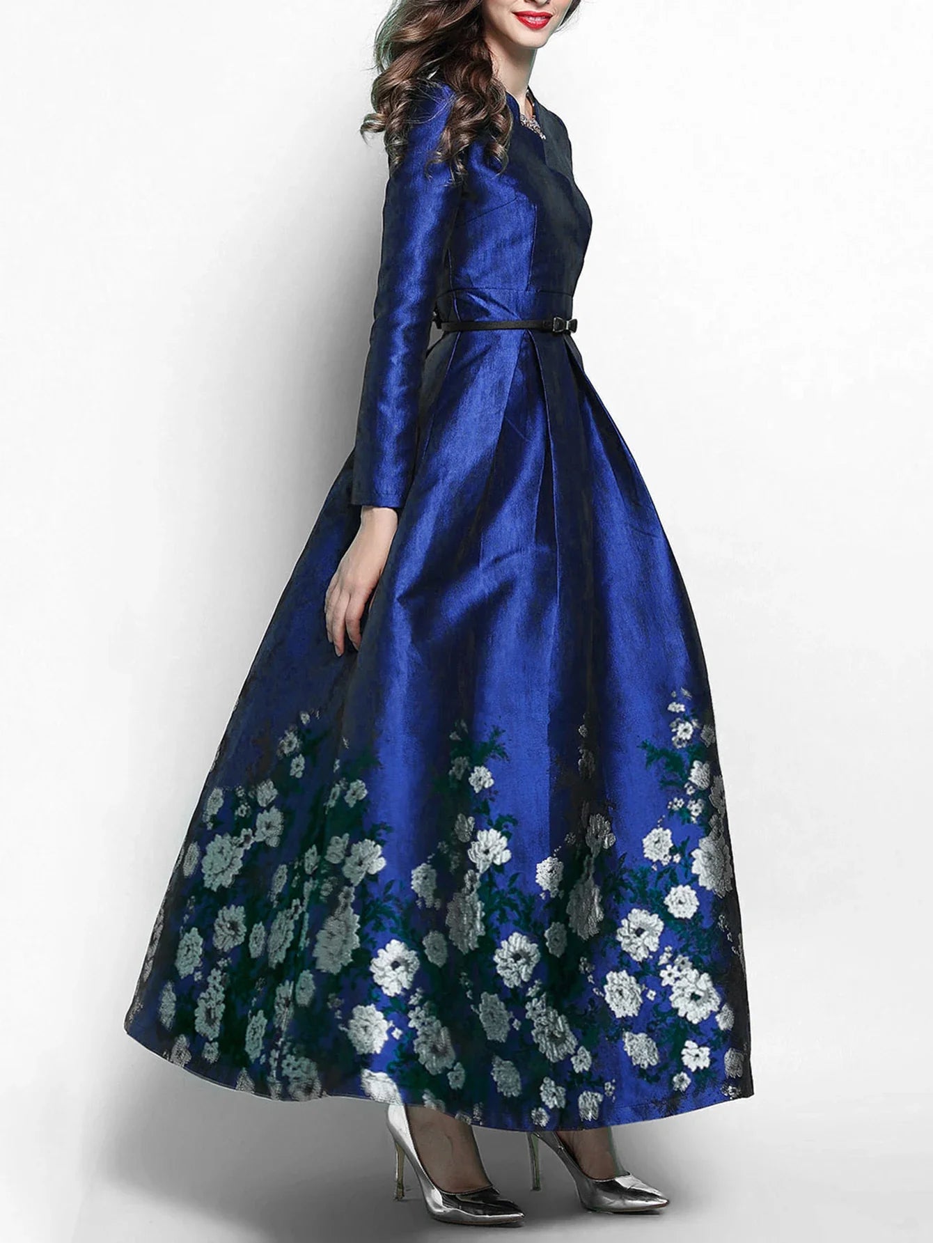 Novo Modelo Vestido longo jacquard luxuoso e elegante para festa à noite vestido de manga comprida sem cinto vestido formal