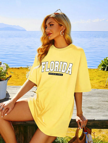 Florida Sunshine State USA City Classic Letter Pattern T-Shirts For Women Loose Oversized Clothing 100% Cotton Streetwear Tshirt