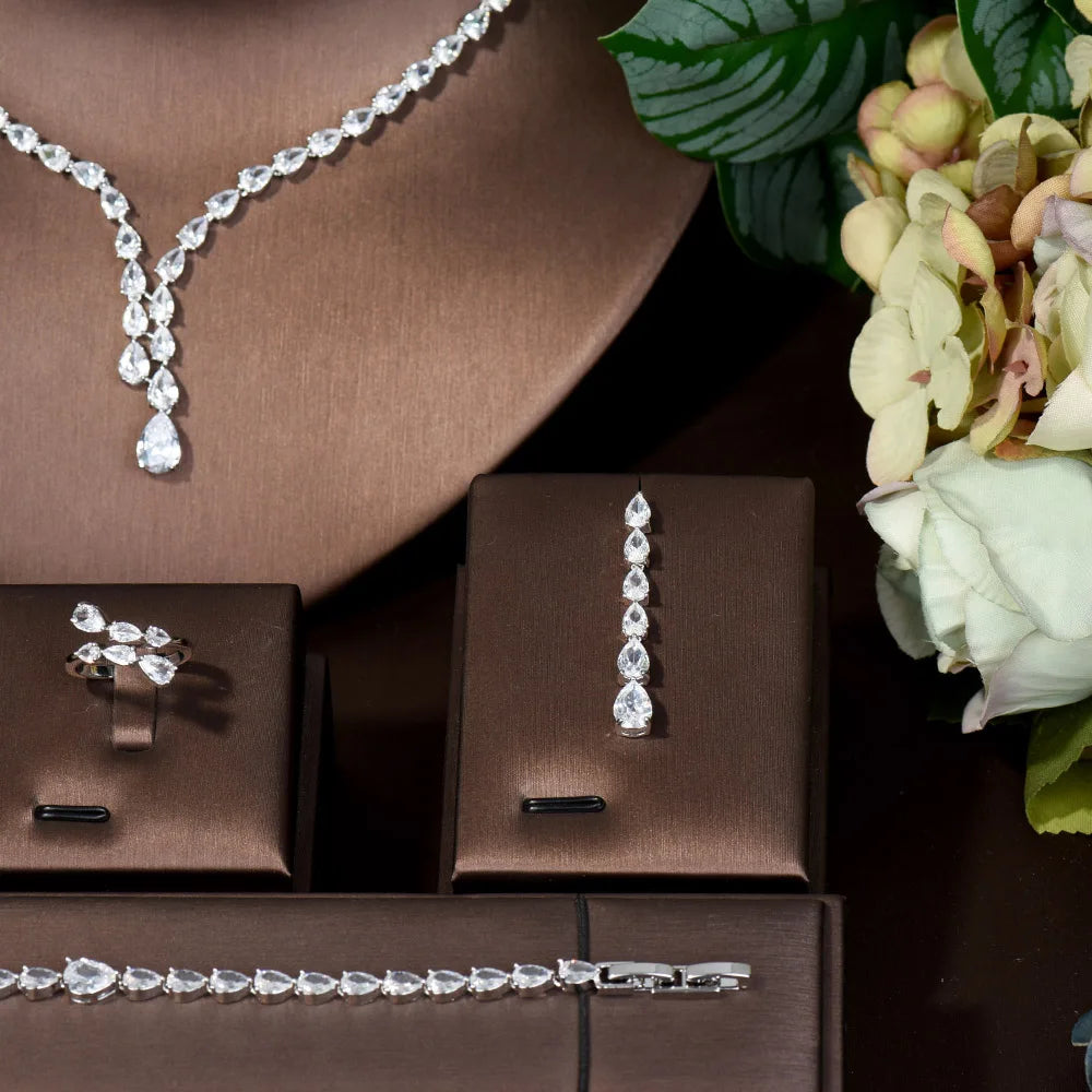 Simple CZ Ladies Jewelry Sets Water Drop Cubic Zirconia Crystal Tassel Earrings and Necklace Set for Women Gifts N-1149