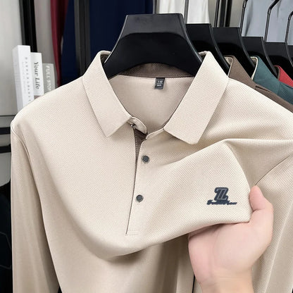 Men's High End Brand Print Solid Color Lapel Polo Shirt Autumn New Skin Friendly Long Sleeved T-shirt Fashion Versatile Menswear