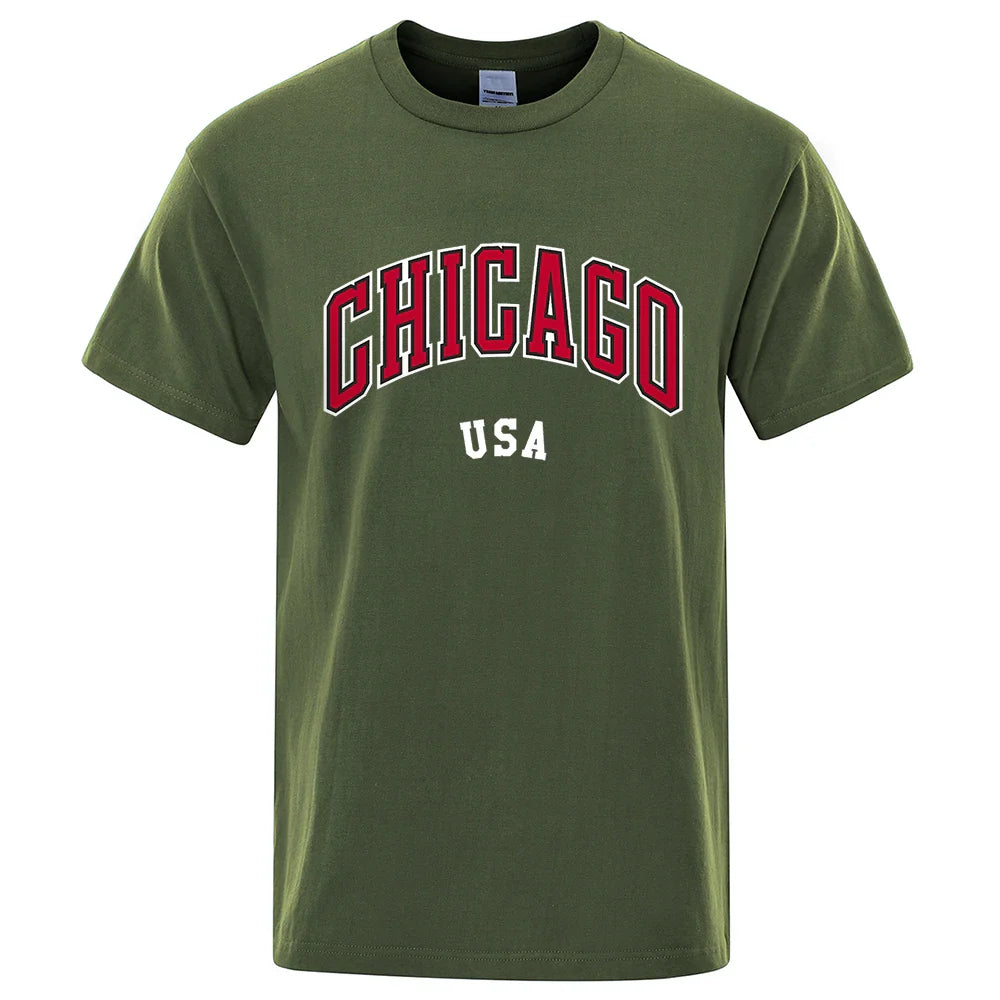 Chicago Usa City Street Letter Printing T Shirts Men Women Cotton Shirt Loose Breathable T Shirts Fashion O-Neck Oversized Tops