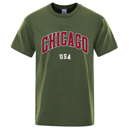 Chicago Usa City Street Letter Printing T Shirts Men Women Cotton Shirt Loose Breathable T Shirts Fashion O-Neck Oversized Tops