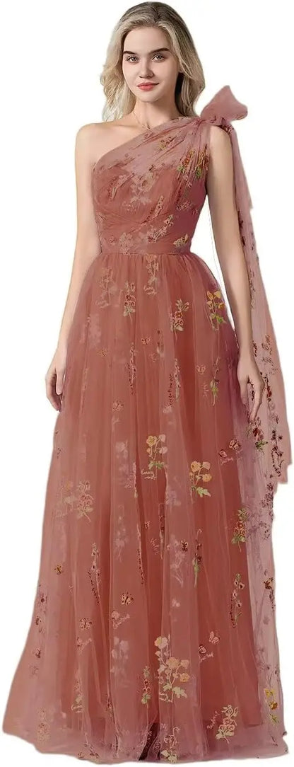 Vestido Longo de Formatura Feminino Elegante de Um Ombro Só com Bordado Floral em Tule, Modelo Godê para Festas de Gala