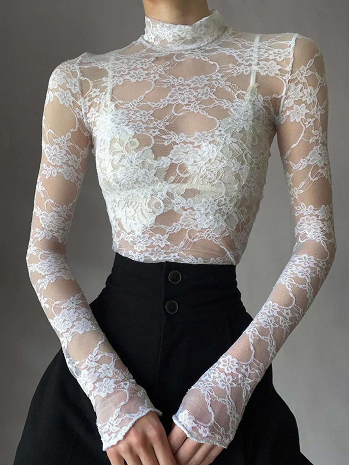 Sexy Lace Blouse Shirts Summer Women Turtleneck Long Sleeve See Through Lace Patchwork Thin Tops
