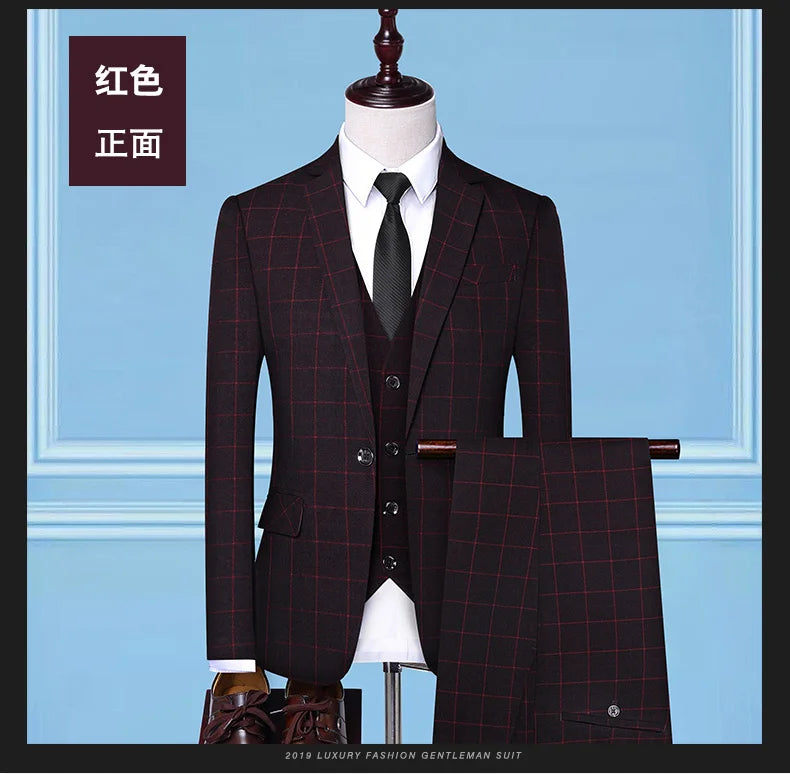 Blazer Vest Pants  Boutique Plaid Men's Formal Groom Wedding Dress Slim Suit 3Pcs or 2Pcs Men's Casual Business Suit Tuxedo