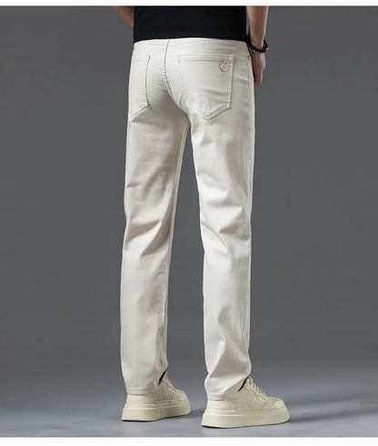 2024 New Men's Khaki White Cotton Stretch Slim Smart Jeans Casual Straight Business Fashion Beige Brand Denim Trousers