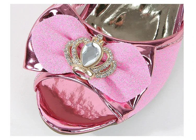 New Girl's High Heel Shoes for Kids Party Wedding Fashion Princess Causal Dress Shoes Sequins Versatile Children's Crown Sandals