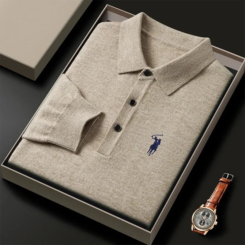 High quality luxury knitted long sleeve T-shirt men's autumn new designer brand Pony embroidery fashion Paul classic polo shirt