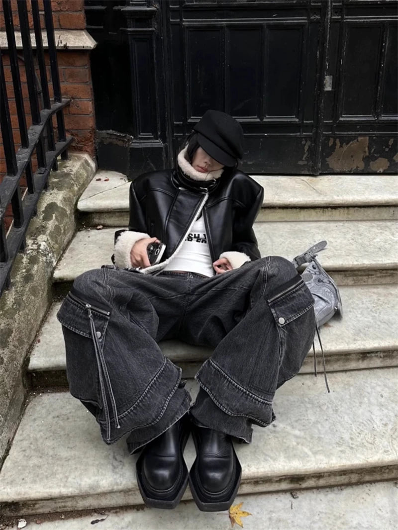 Women's Black Gothic Baggy Cargo Jeans Harajuku Oversize Denim Trousers Y2k 90s Vintage 2000s Emo Jean Pants Trashy Clothes 2024