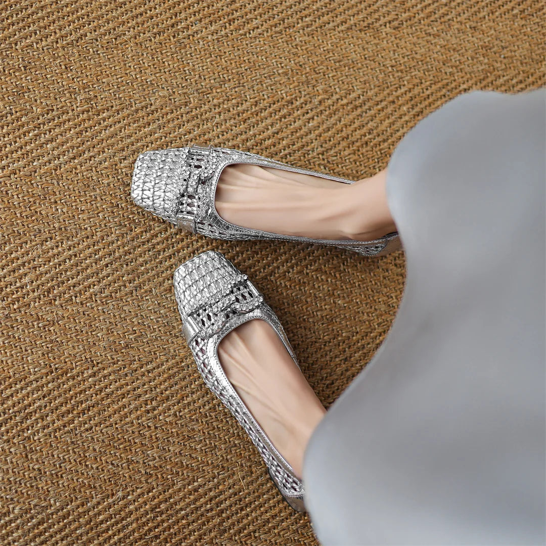 Women's genuine leather braided microfiber patchwork summer breathable pumps crystal buckle 4cm thick med heel daily dress shoes