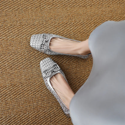 Women's genuine leather braided microfiber patchwork summer breathable pumps crystal buckle 4cm thick med heel daily dress shoes