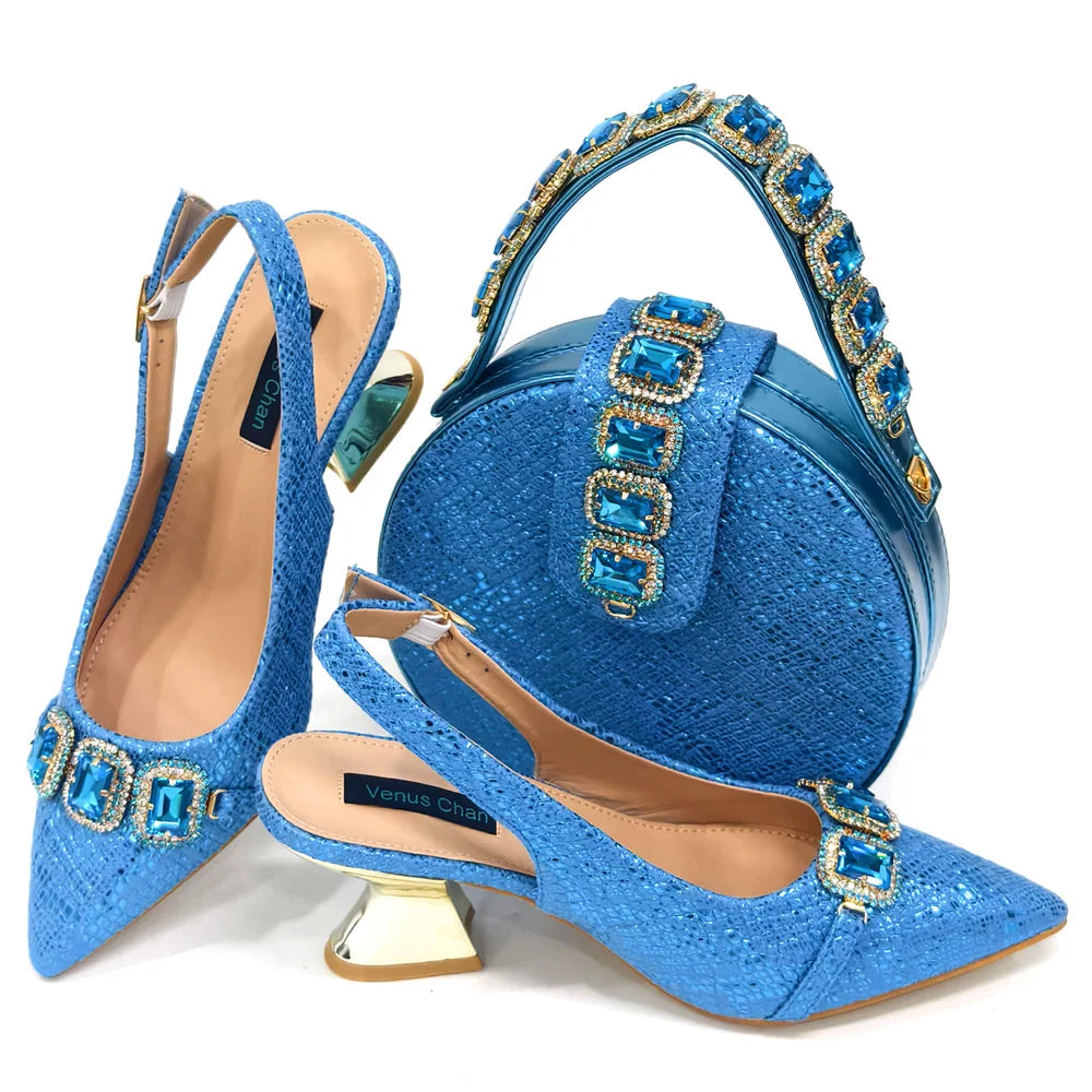 Rhinestone Pointed-Toe High Heels Shoes and Bags Set for Women Wedding and Party Elegant Luxury Fashion in Wine Color