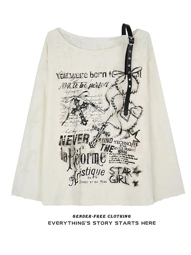 Vintage Y2K Oversize Off shoulder T shirt With Print Women Ripped Top Hole Long sleeve Baggy Basic T shirt Pulovers Ladies Tops