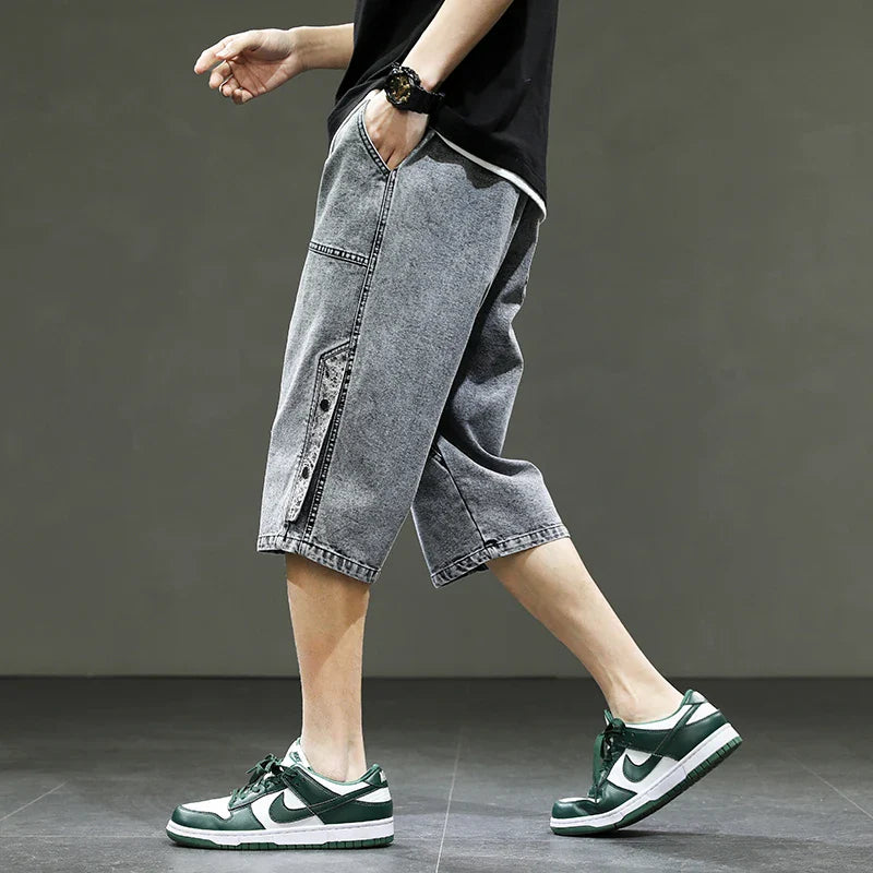 Korean Style Summer Men's Black Wide Leg Denim Shorts New Fashion Casual Baggy Short Jeans Male Plus Size 6XL 8XL YBR602