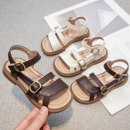 Girls Roman Sandals Open Toe Little Kids Leather Sandals with Buckle Open Toe Children Summer Beach Shoes Non-Slip Soft Sole