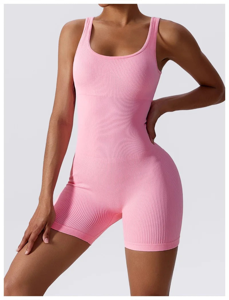 Women's Yoga Rompers One Piece Tummy Control Seamless Ribbed Jumpsuit Padded Sports Bra Workout Romper Fashion Fitness Sportwear