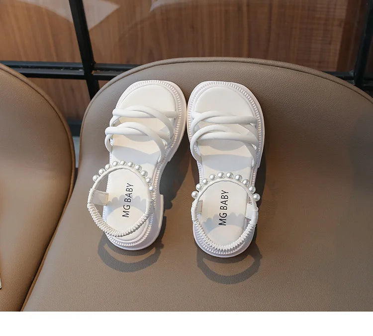 Girl Sandals Summer Children Princess Causal Pearl Beach Shoes Fashion Open-toe Kids Flat Sandals Solid Color Versatile Slip-on