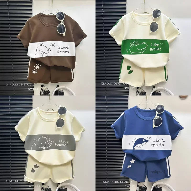 2026 New Kids Short Sleeve Suit Striped Girls Boys Set Summer Tops +short Baby Clothes Children's Wear