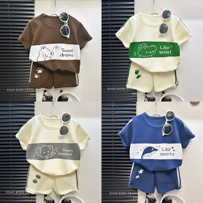 2026 New Kids Short Sleeve Suit Striped Girls Boys Set Summer Tops +short Baby Clothes Children's Wear