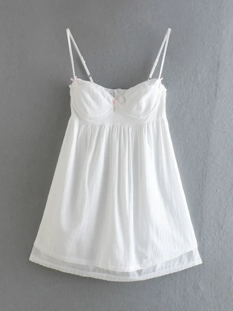 White Spliced Embroidery Lace Bra Corset style Mini Dress Women Backless Party Skater Short Sling Robe Holiday
