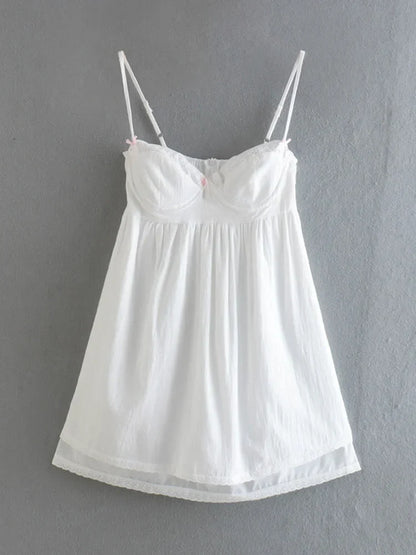 White Spliced Embroidery Lace Bra Corset style Mini Dress Women Backless Party Skater Short Sling Robe Holiday
