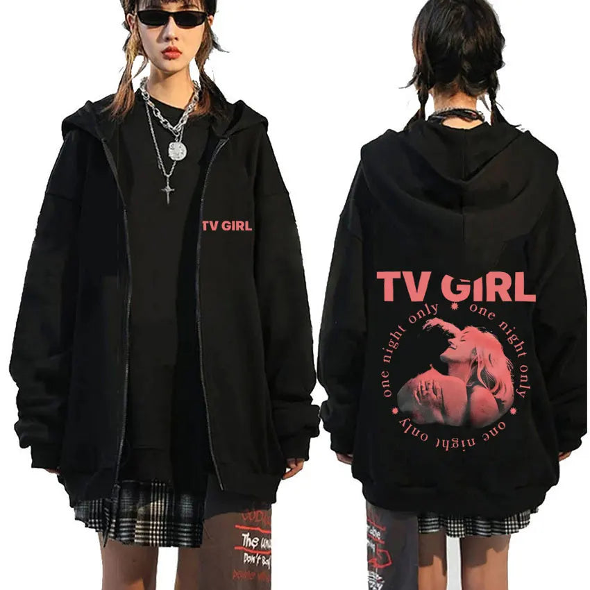 TV Girl Who Really Cares Graphic Print Zipper Hoodie Men Women Fashion Casual Oversized Zip Up Jacket Male Fleece Sweatshirts