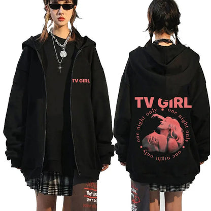 TV Girl Who Really Cares Graphic Print Zipper Hoodie Men Women Fashion Casual Oversized Zip Up Jacket Male Fleece Sweatshirts
