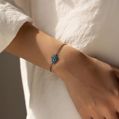 925 Sterling Silver Retro Synthetic Turquoise Geometric CZ Stars Palm Link Chain Bracelet For Women Punk Fine Jewelry