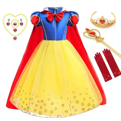 Vestido de Luxo Princesa Branca de Neve com Capa para Meninas Fantasia Infantil Cosplay de Fada Roupa de Carnaval para Crianças Vestido de Halloween
