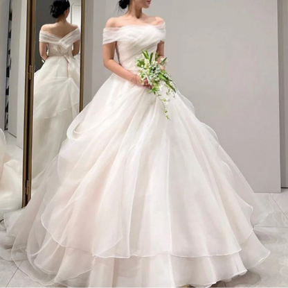 Off Shoulder Organza Customized Tiered  Elegant Wedding Dresses Ivory Korea Simple Brides Gowns Women Bridal Dresses