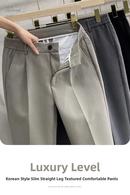 Men's Woolen Straight Leg Casual Pants Autumn Winter Thickened Fashionable Nine Point Pants mid Waist Pure Color Anti-Wrinkle