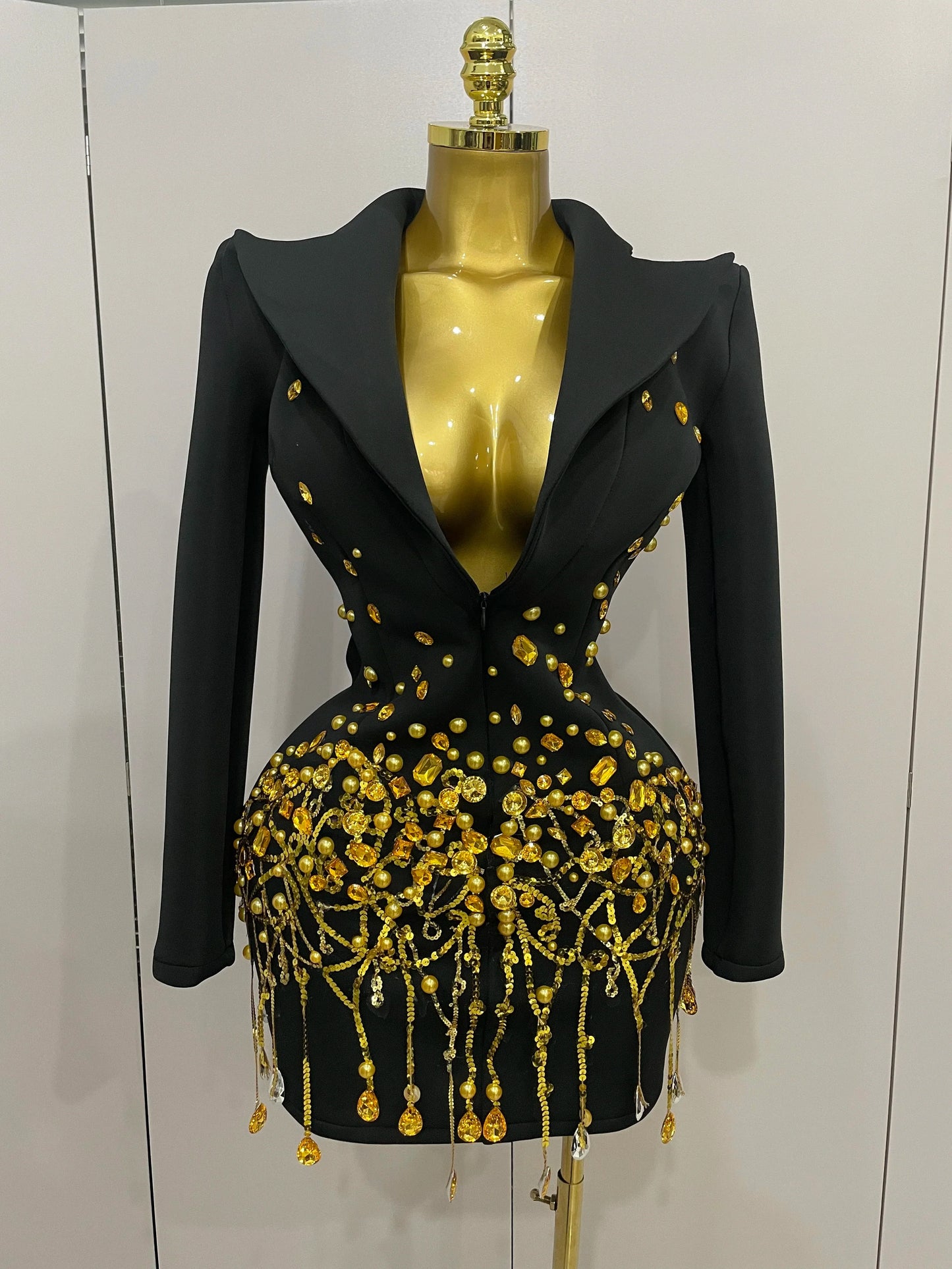 Crystal Chains Pearls Long Sleeve Mini Dress 2025 Women Birthday Evening Party Nightclub Outfit Singer Wedding Costume