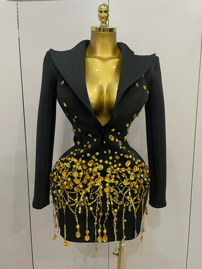 Crystal Chains Pearls Long Sleeve Mini Dress 2025 Women Birthday Evening Party Nightclub Outfit Singer Wedding Costume