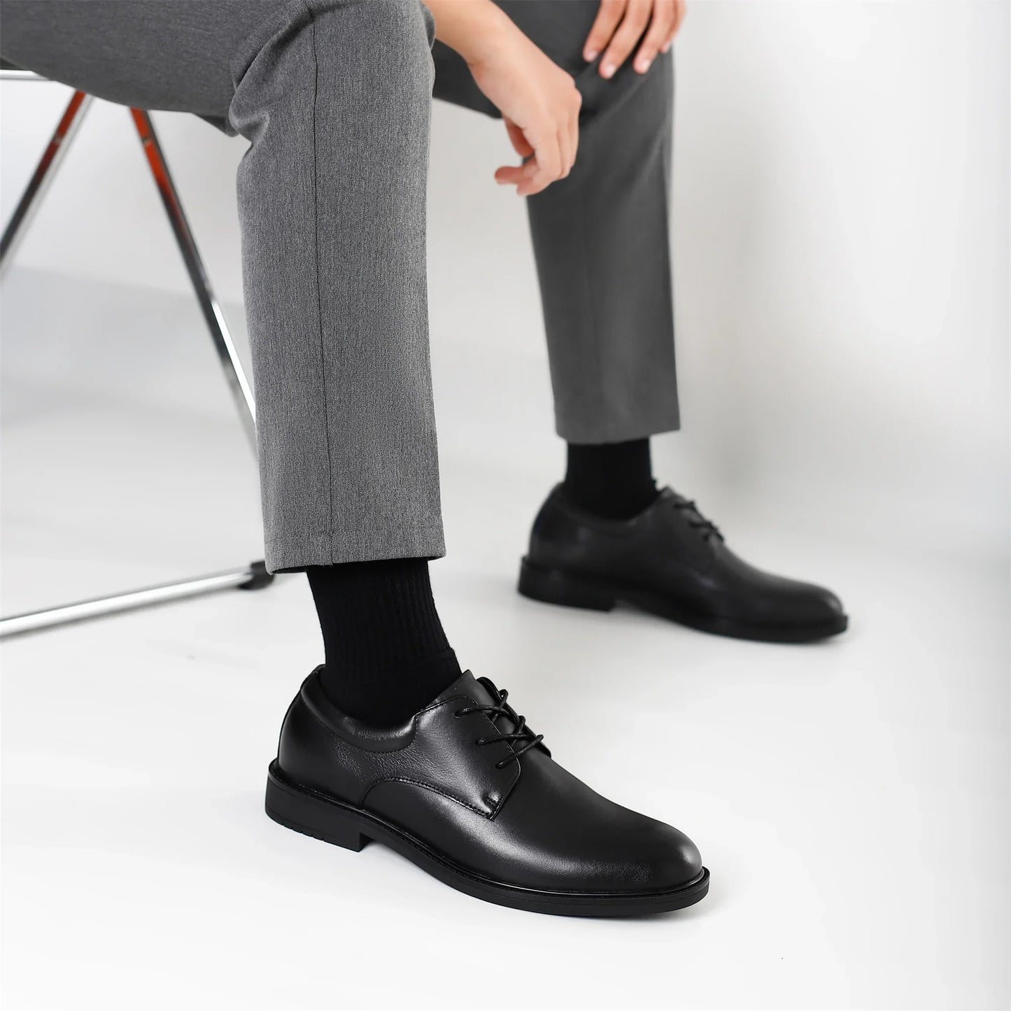 Men's Black Formal Dress Shoes Genuine Cow Leather Derby Shoes Pigskin Lined Ultra Soft Rubber Sole Formal Footwear