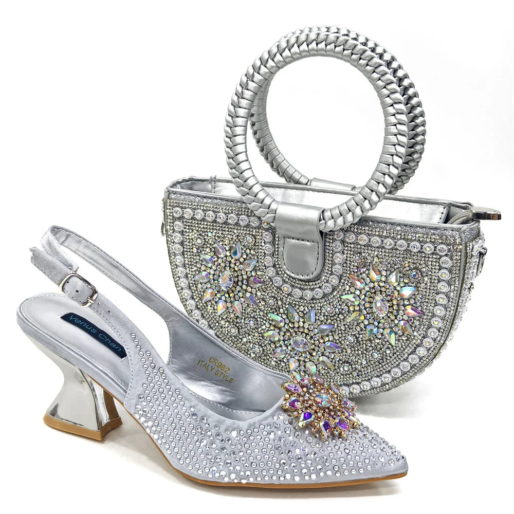 Specials Italian Women Heels Shoes and Bag Set Royal Purple Color Comfortable With Rhinestone for Party