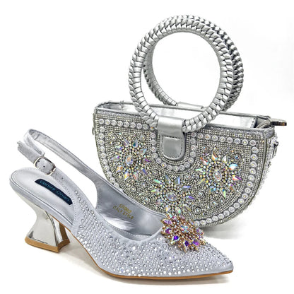 Specials Italian Women Heels Shoes and Bag Set Royal Purple Color Comfortable With Rhinestone for Party