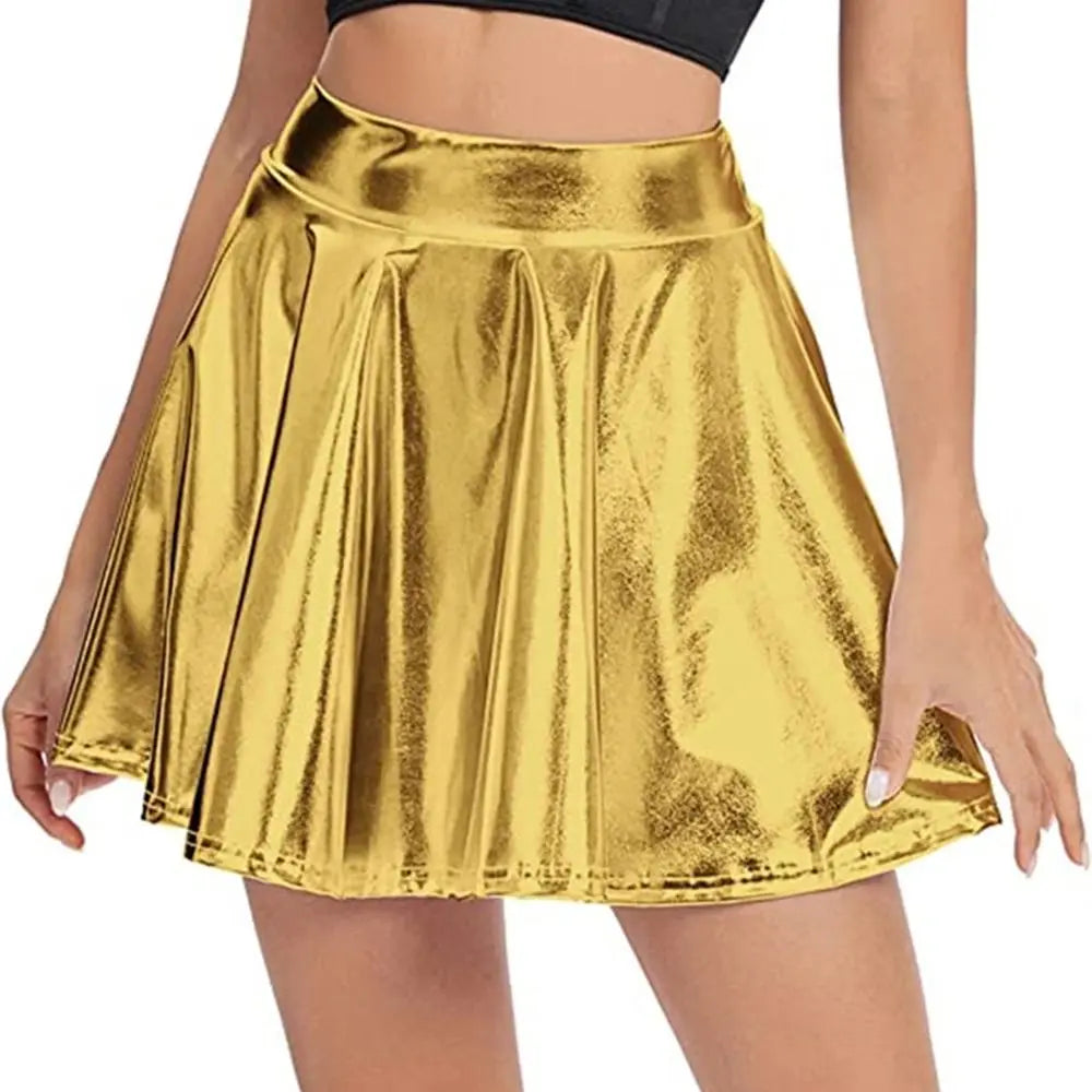 Elegant Metallic Pleated Skirt Gold Silver Flared Design A-line Short Skirt Retro Solid Color Girls Short Mini Skirt Clubwear