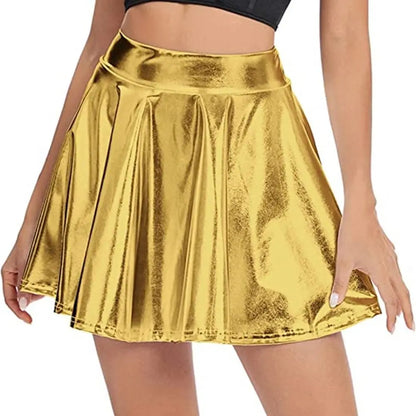 Elegant Metallic Pleated Skirt Gold Silver Flared Design A-line Short Skirt Retro Solid Color Girls Short Mini Skirt Clubwear