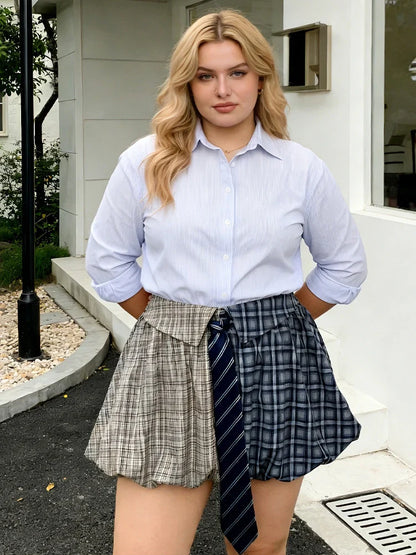 New Big Size Lolita Patchwork Short Skirt Tie Plaid Puff Mini Skirts Korean Popular Women's Clothes Plus Size Y2k Skirt Party