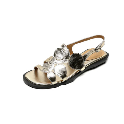 Women's New Round Head Spring/Summer Genuine Leather Sheepskin Spliced Low Heel Large Size Elastic Open Toe Sandals