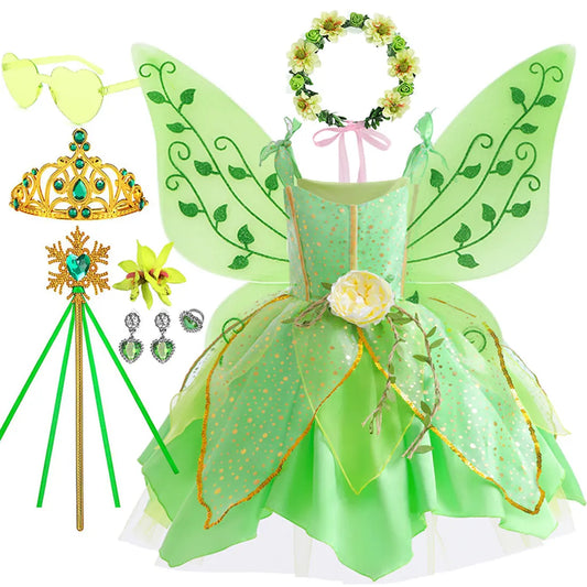 Elf Movie Tinker Bell Girls Play Fairy Dress Green Suspender Skirt With Wings and Flower Christmas Gift for Girls