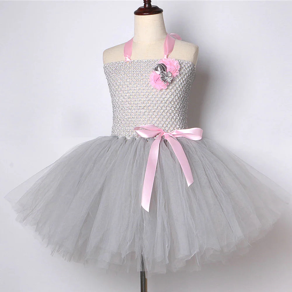 Pink Gray Mouse Tutu Dress for Baby Girls Grey Rat Costumes with Ears Bow Tie Tail Kids Animal Carnival Outfit Birthday Clothes