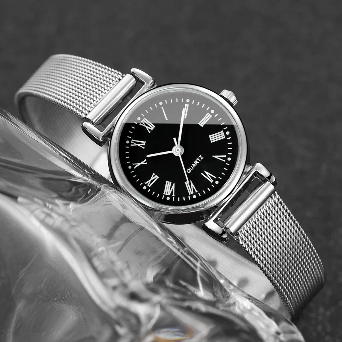 2PCS Fashion Women Quartz Watch Steel Mesh Band Watches Opening Cuff Bracelet Bangle Set（Without Box）