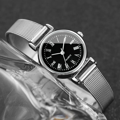 2PCS Fashion Women Quartz Watch Steel Mesh Band Watches Opening Cuff Bracelet Bangle Set（Without Box）