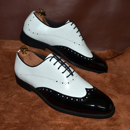 Formal Oxfords Shoes for Men White Black Real Cow Patent Leather Business Lace-up Wingtip Toe Brogue Wedding Mens Dress Shoes